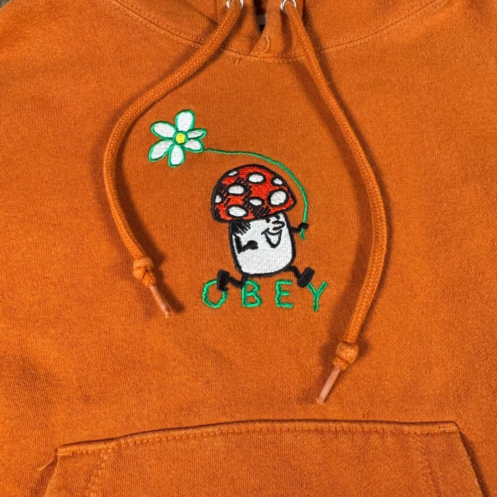 OBEY Womens Small Orange Mushroom Flower Embroidered Cropped Hoodie Pullover